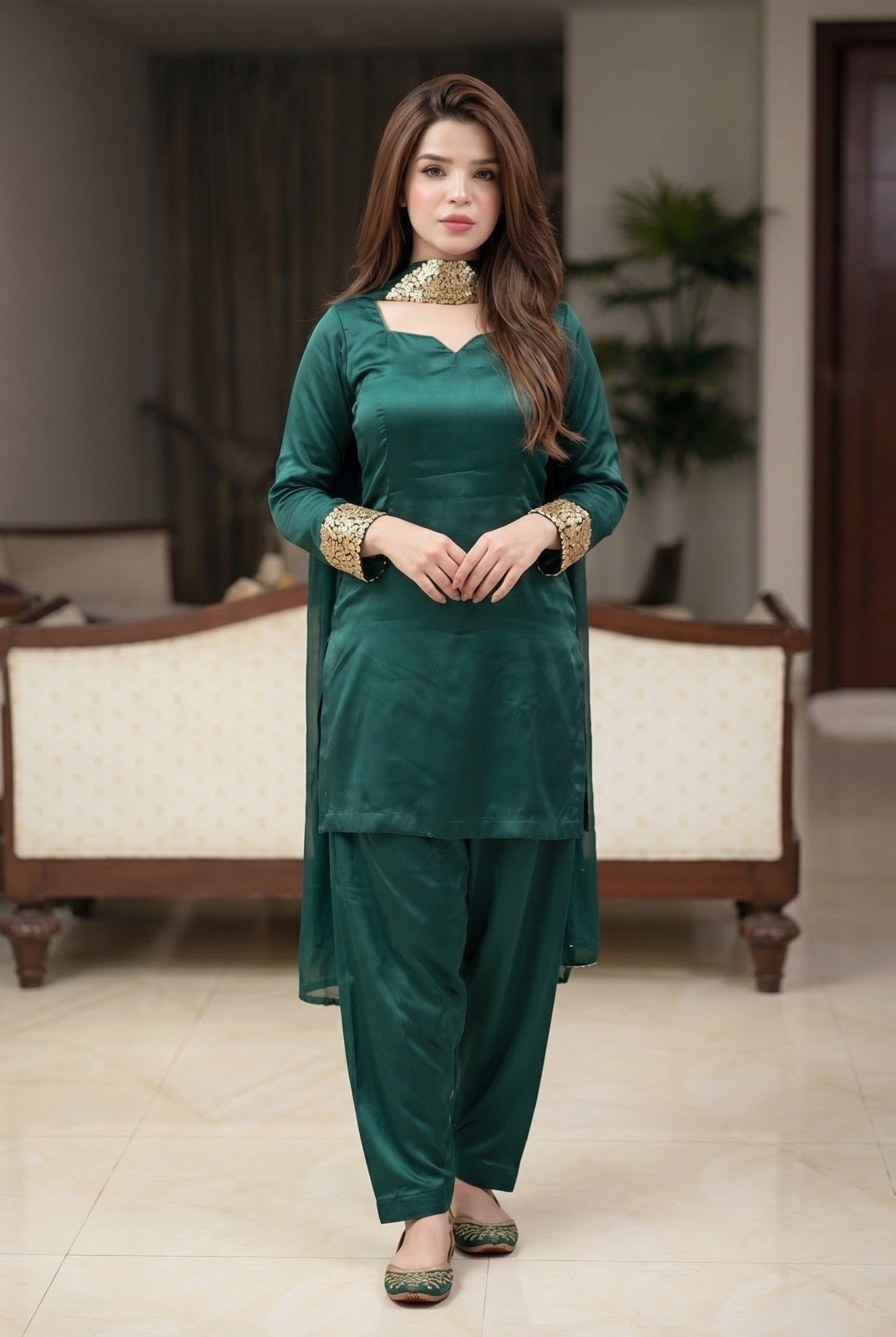 Bottle Green Dress With Gold Shimmer Touch