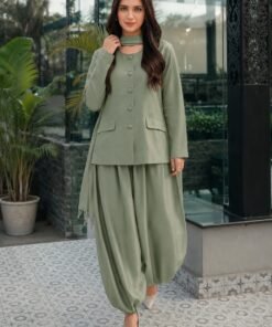 Grey Green Balzer Balloon Pant Set With Duppatta