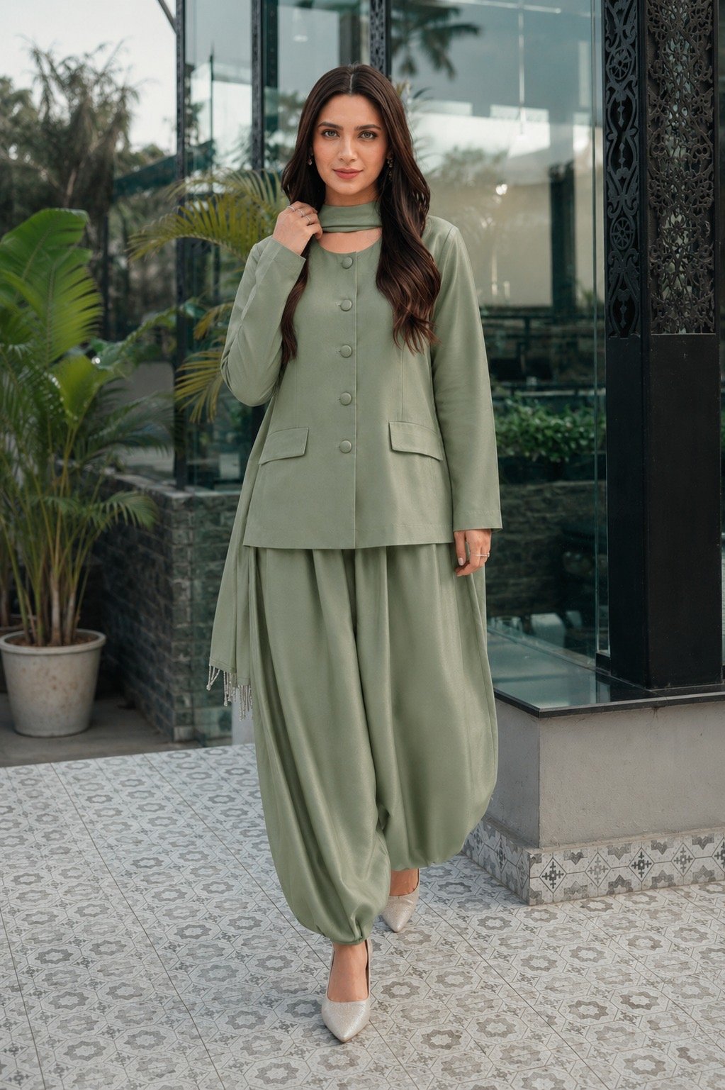 Grey Green Balzer Balloon Pant Set With Duppatta