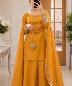 Mustard Dress Draped In Shimmer