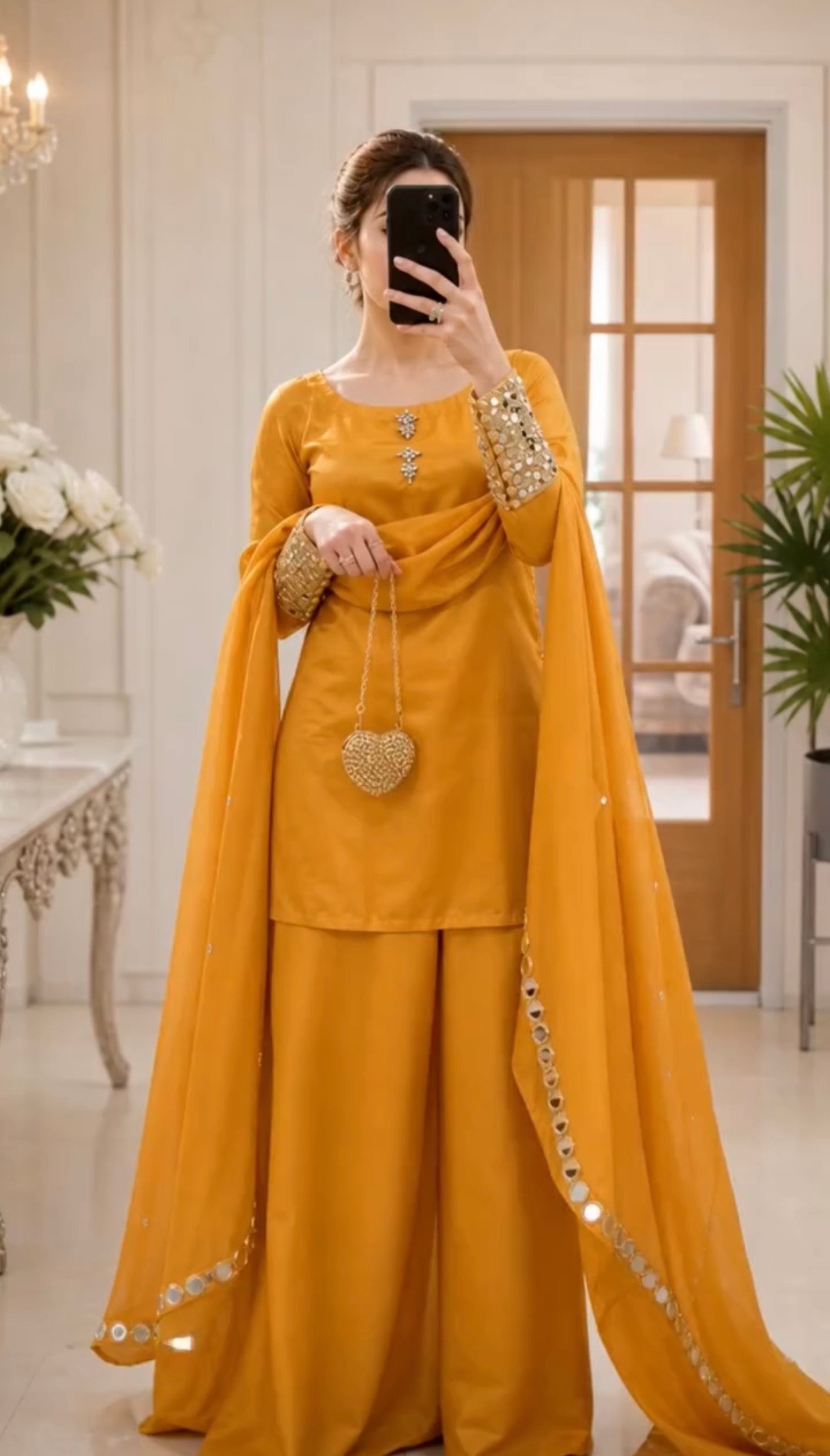 Mustard Dress Draped In Shimmer